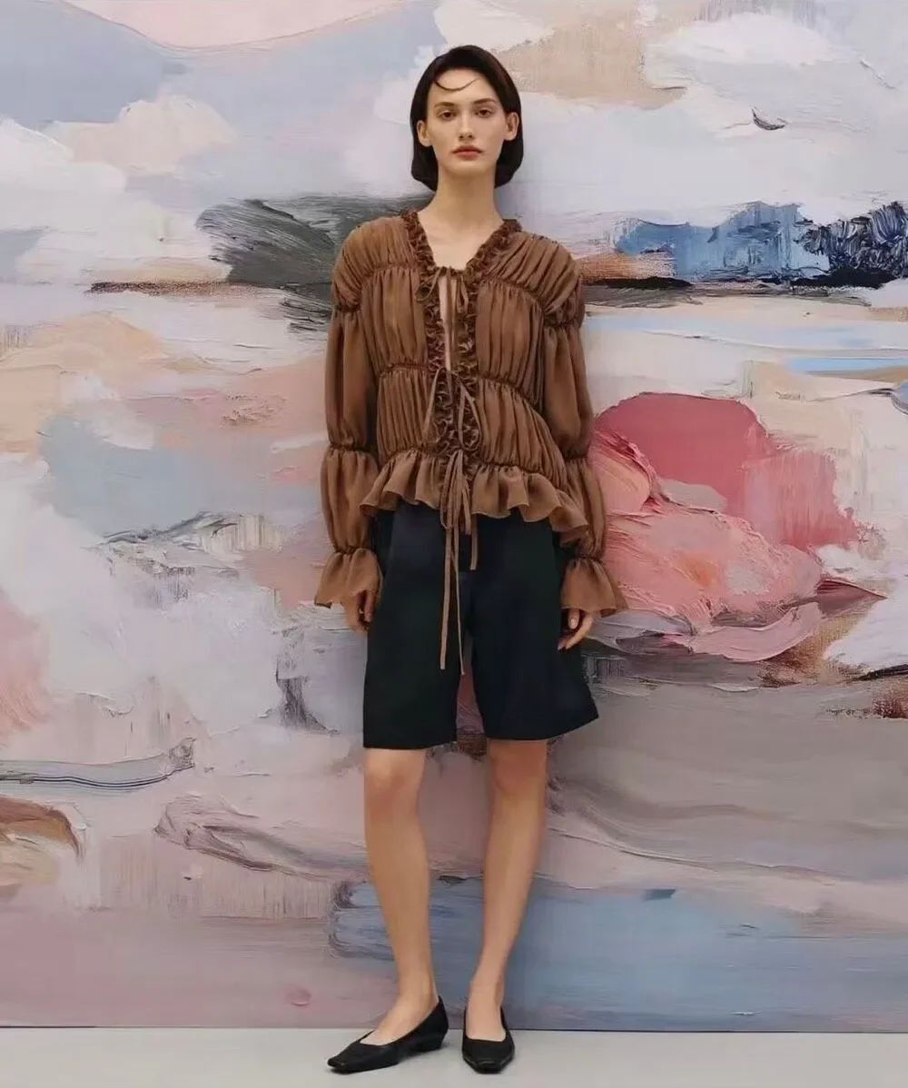 Zara Ruched Sheer Blouse Brown Ruffle Tie Front Long Sleeve Romantic Top NWT M